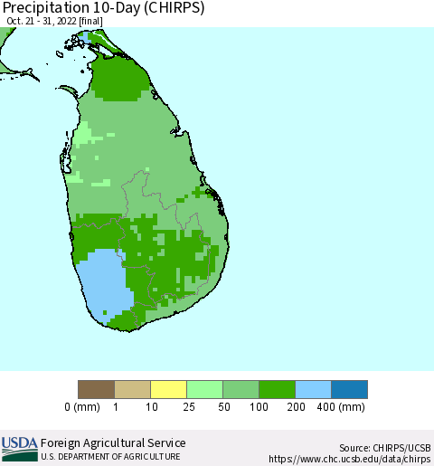 Sri Lanka Precipitation 10-Day (CHIRPS) Thematic Map For 10/21/2022 - 10/31/2022