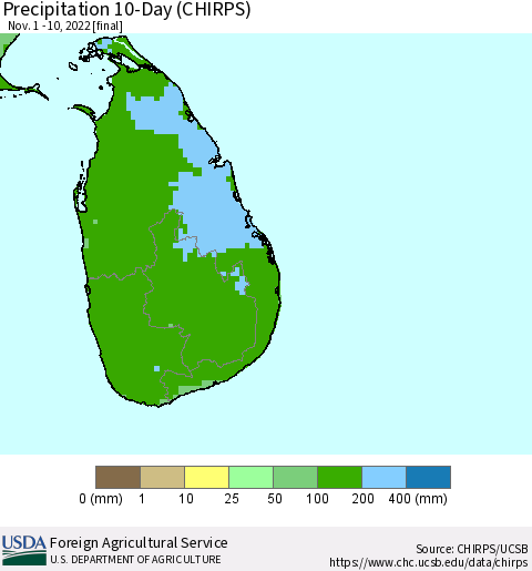 Sri Lanka Precipitation 10-Day (CHIRPS) Thematic Map For 11/1/2022 - 11/10/2022