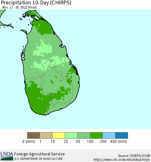 Sri Lanka Precipitation 10-Day (CHIRPS) Thematic Map For 11/11/2022 - 11/20/2022