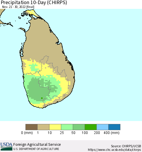 Sri Lanka Precipitation 10-Day (CHIRPS) Thematic Map For 11/21/2022 - 11/30/2022