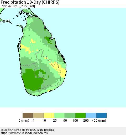 Sri Lanka Precipitation 10-Day (CHIRPS) Thematic Map For 11/26/2022 - 12/5/2022
