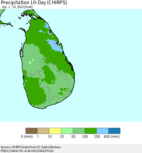 Sri Lanka Precipitation 10-Day (CHIRPS) Thematic Map For 12/1/2022 - 12/10/2022