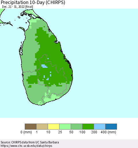 Sri Lanka Precipitation 10-Day (CHIRPS) Thematic Map For 12/21/2022 - 12/31/2022