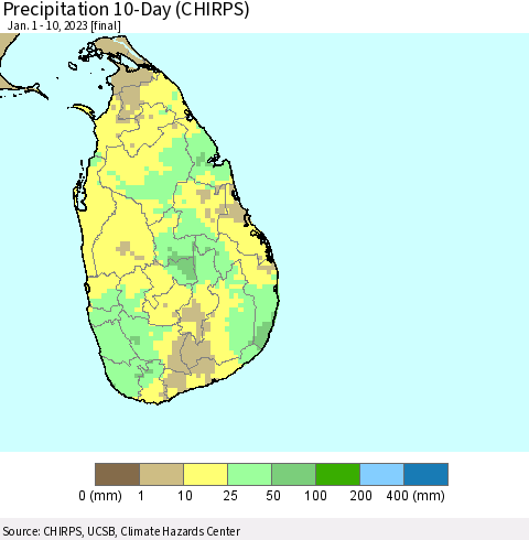 Sri Lanka Precipitation 10-Day (CHIRPS) Thematic Map For 1/1/2023 - 1/10/2023