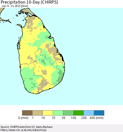 Sri Lanka Precipitation 10-Day (CHIRPS) Thematic Map For 1/6/2023 - 1/15/2023