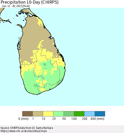 Sri Lanka Precipitation 10-Day (CHIRPS) Thematic Map For 1/11/2023 - 1/20/2023