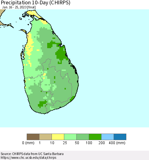 Sri Lanka Precipitation 10-Day (CHIRPS) Thematic Map For 1/16/2023 - 1/25/2023