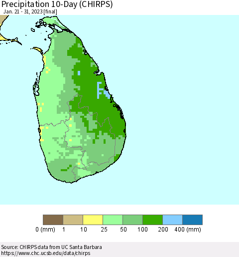 Sri Lanka Precipitation 10-Day (CHIRPS) Thematic Map For 1/21/2023 - 1/31/2023