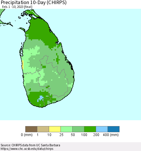 Sri Lanka Precipitation 10-Day (CHIRPS) Thematic Map For 2/1/2023 - 2/10/2023