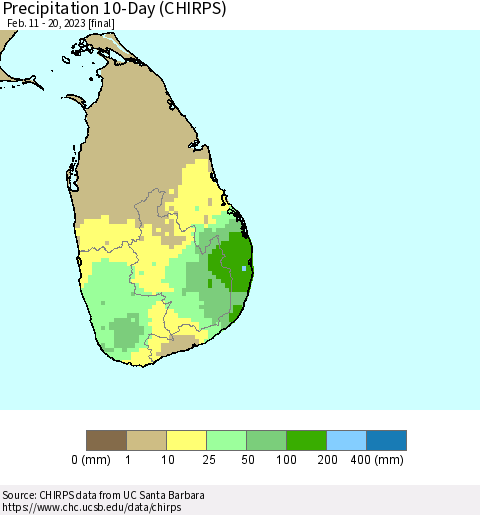 Sri Lanka Precipitation 10-Day (CHIRPS) Thematic Map For 2/11/2023 - 2/20/2023