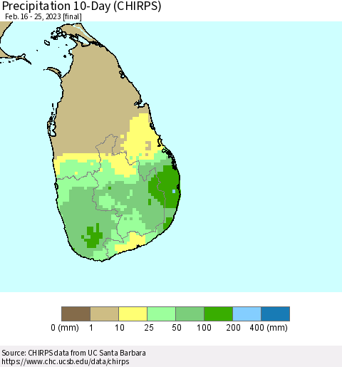 Sri Lanka Precipitation 10-Day (CHIRPS) Thematic Map For 2/16/2023 - 2/25/2023