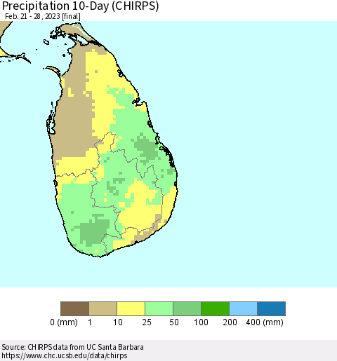 Sri Lanka Precipitation 10-Day (CHIRPS) Thematic Map For 2/21/2023 - 2/28/2023