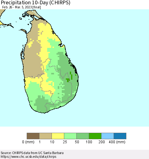 Sri Lanka Precipitation 10-Day (CHIRPS) Thematic Map For 2/26/2023 - 3/5/2023