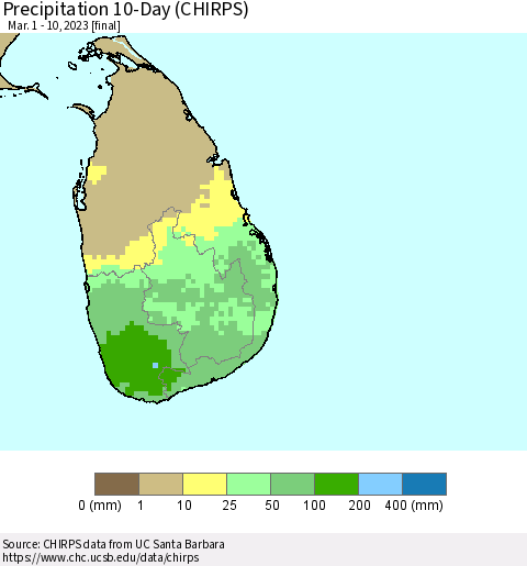 Sri Lanka Precipitation 10-Day (CHIRPS) Thematic Map For 3/1/2023 - 3/10/2023