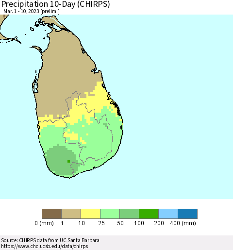Sri Lanka Precipitation 10-Day (CHIRPS) Thematic Map For 3/1/2023 - 3/10/2023