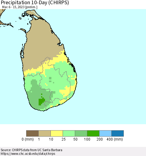 Sri Lanka Precipitation 10-Day (CHIRPS) Thematic Map For 3/6/2023 - 3/15/2023