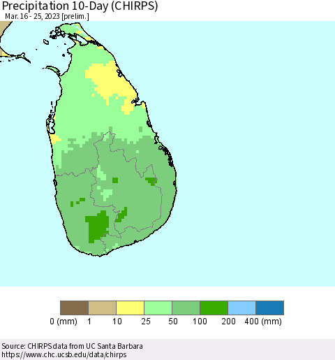 Sri Lanka Precipitation 10-Day (CHIRPS) Thematic Map For 3/16/2023 - 3/25/2023