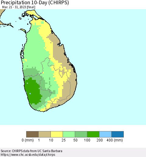 Sri Lanka Precipitation 10-Day (CHIRPS) Thematic Map For 3/21/2023 - 3/31/2023