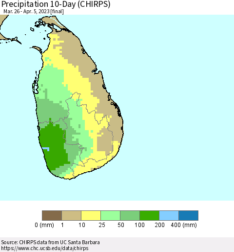 Sri Lanka Precipitation 10-Day (CHIRPS) Thematic Map For 3/26/2023 - 4/5/2023