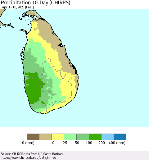 Sri Lanka Precipitation 10-Day (CHIRPS) Thematic Map For 4/1/2023 - 4/10/2023
