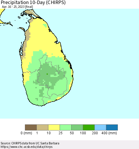 Sri Lanka Precipitation 10-Day (CHIRPS) Thematic Map For 4/16/2023 - 4/25/2023