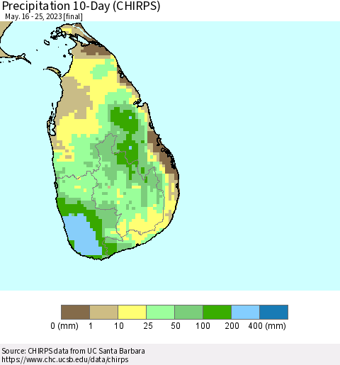 Sri Lanka Precipitation 10-Day (CHIRPS) Thematic Map For 5/16/2023 - 5/25/2023