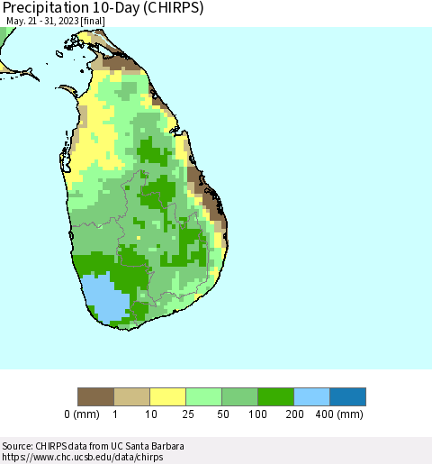 Sri Lanka Precipitation 10-Day (CHIRPS) Thematic Map For 5/21/2023 - 5/31/2023