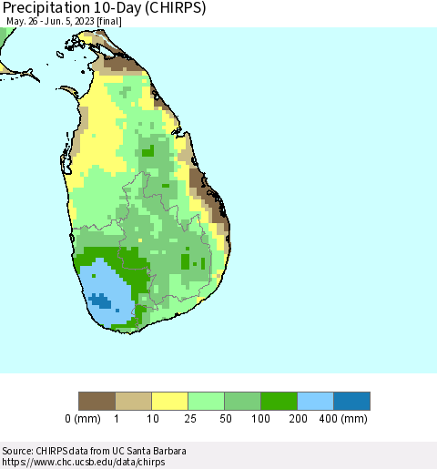 Sri Lanka Precipitation 10-Day (CHIRPS) Thematic Map For 5/26/2023 - 6/5/2023