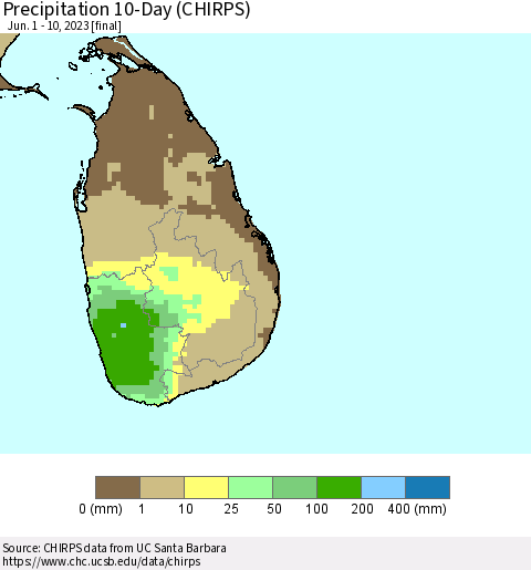 Sri Lanka Precipitation 10-Day (CHIRPS) Thematic Map For 6/1/2023 - 6/10/2023