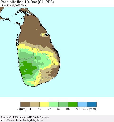 Sri Lanka Precipitation 10-Day (CHIRPS) Thematic Map For 6/11/2023 - 6/20/2023