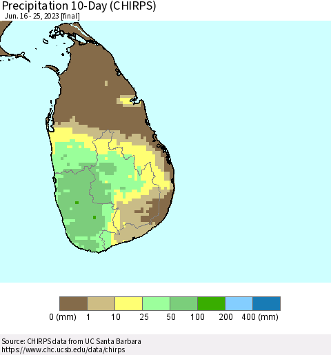 Sri Lanka Precipitation 10-Day (CHIRPS) Thematic Map For 6/16/2023 - 6/25/2023