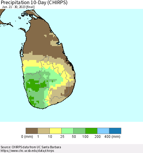 Sri Lanka Precipitation 10-Day (CHIRPS) Thematic Map For 6/21/2023 - 6/30/2023