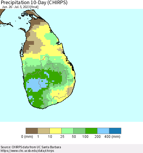 Sri Lanka Precipitation 10-Day (CHIRPS) Thematic Map For 6/26/2023 - 7/5/2023
