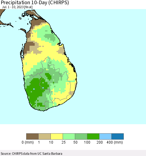 Sri Lanka Precipitation 10-Day (CHIRPS) Thematic Map For 7/1/2023 - 7/10/2023