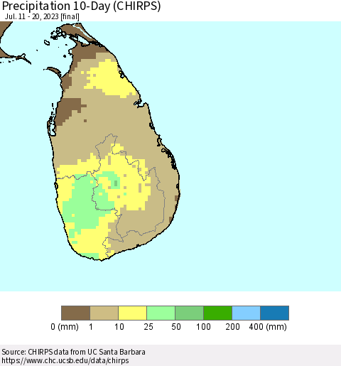 Sri Lanka Precipitation 10-Day (CHIRPS) Thematic Map For 7/11/2023 - 7/20/2023