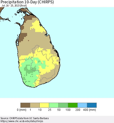 Sri Lanka Precipitation 10-Day (CHIRPS) Thematic Map For 7/16/2023 - 7/25/2023