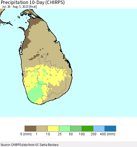 Sri Lanka Precipitation 10-Day (CHIRPS) Thematic Map For 7/26/2023 - 8/5/2023