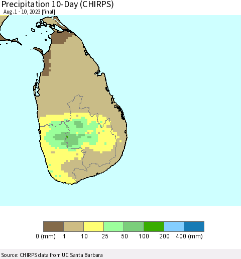 Sri Lanka Precipitation 10-Day (CHIRPS) Thematic Map For 8/1/2023 - 8/10/2023