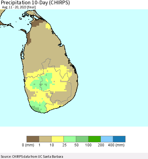 Sri Lanka Precipitation 10-Day (CHIRPS) Thematic Map For 8/11/2023 - 8/20/2023