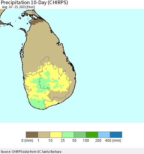 Sri Lanka Precipitation 10-Day (CHIRPS) Thematic Map For 8/16/2023 - 8/25/2023