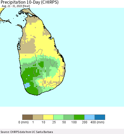 Sri Lanka Precipitation 10-Day (CHIRPS) Thematic Map For 8/21/2023 - 8/31/2023