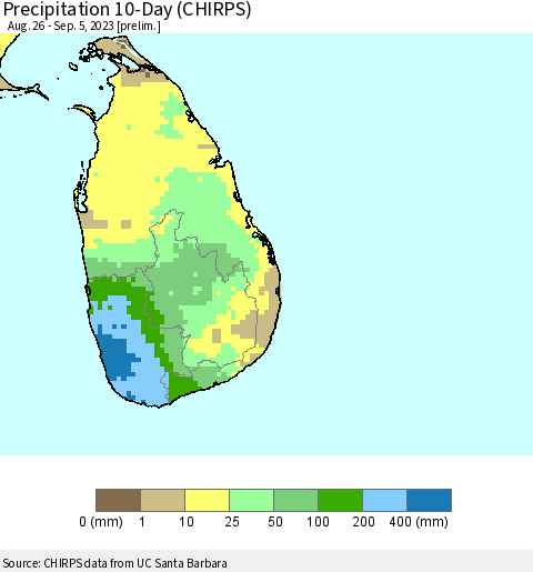 Sri Lanka Precipitation 10-Day (CHIRPS) Thematic Map For 8/26/2023 - 9/5/2023