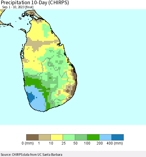 Sri Lanka Precipitation 10-Day (CHIRPS) Thematic Map For 9/1/2023 - 9/10/2023