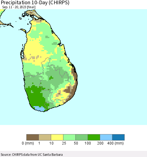 Sri Lanka Precipitation 10-Day (CHIRPS) Thematic Map For 9/11/2023 - 9/20/2023