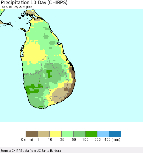 Sri Lanka Precipitation 10-Day (CHIRPS) Thematic Map For 9/16/2023 - 9/25/2023