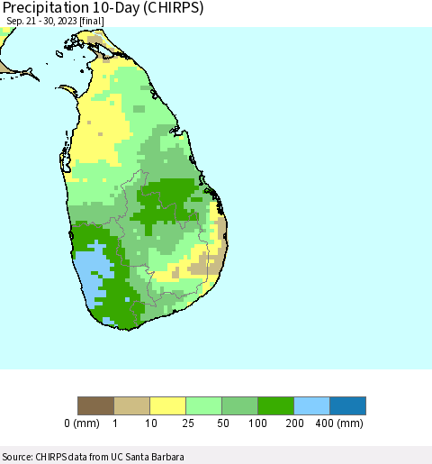Sri Lanka Precipitation 10-Day (CHIRPS) Thematic Map For 9/21/2023 - 9/30/2023