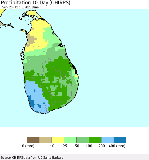 Sri Lanka Precipitation 10-Day (CHIRPS) Thematic Map For 9/26/2023 - 10/5/2023