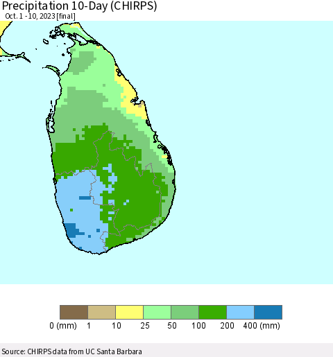 Sri Lanka Precipitation 10-Day (CHIRPS) Thematic Map For 10/1/2023 - 10/10/2023