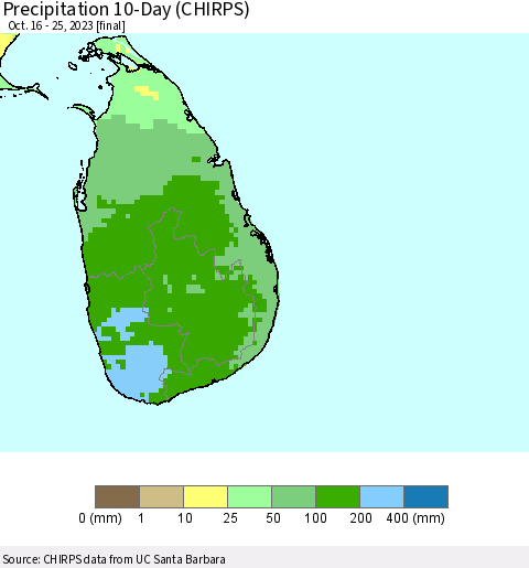 Sri Lanka Precipitation 10-Day (CHIRPS) Thematic Map For 10/16/2023 - 10/25/2023