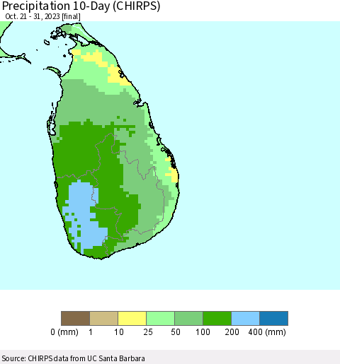 Sri Lanka Precipitation 10-Day (CHIRPS) Thematic Map For 10/21/2023 - 10/31/2023